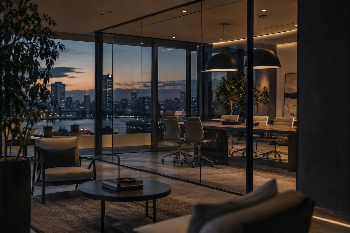 An office building at dusk with the interior lights on.
