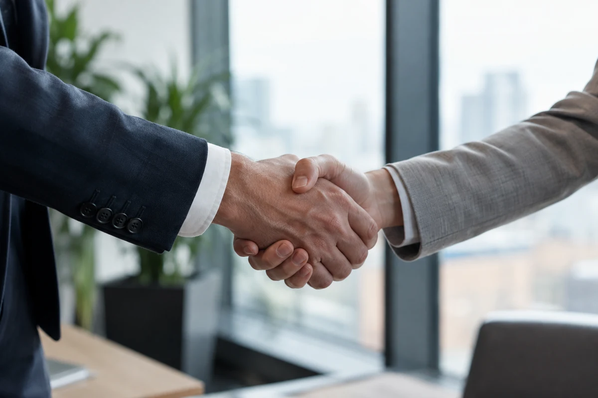 Two people shaking hands beside a window, cropped close at the hands.