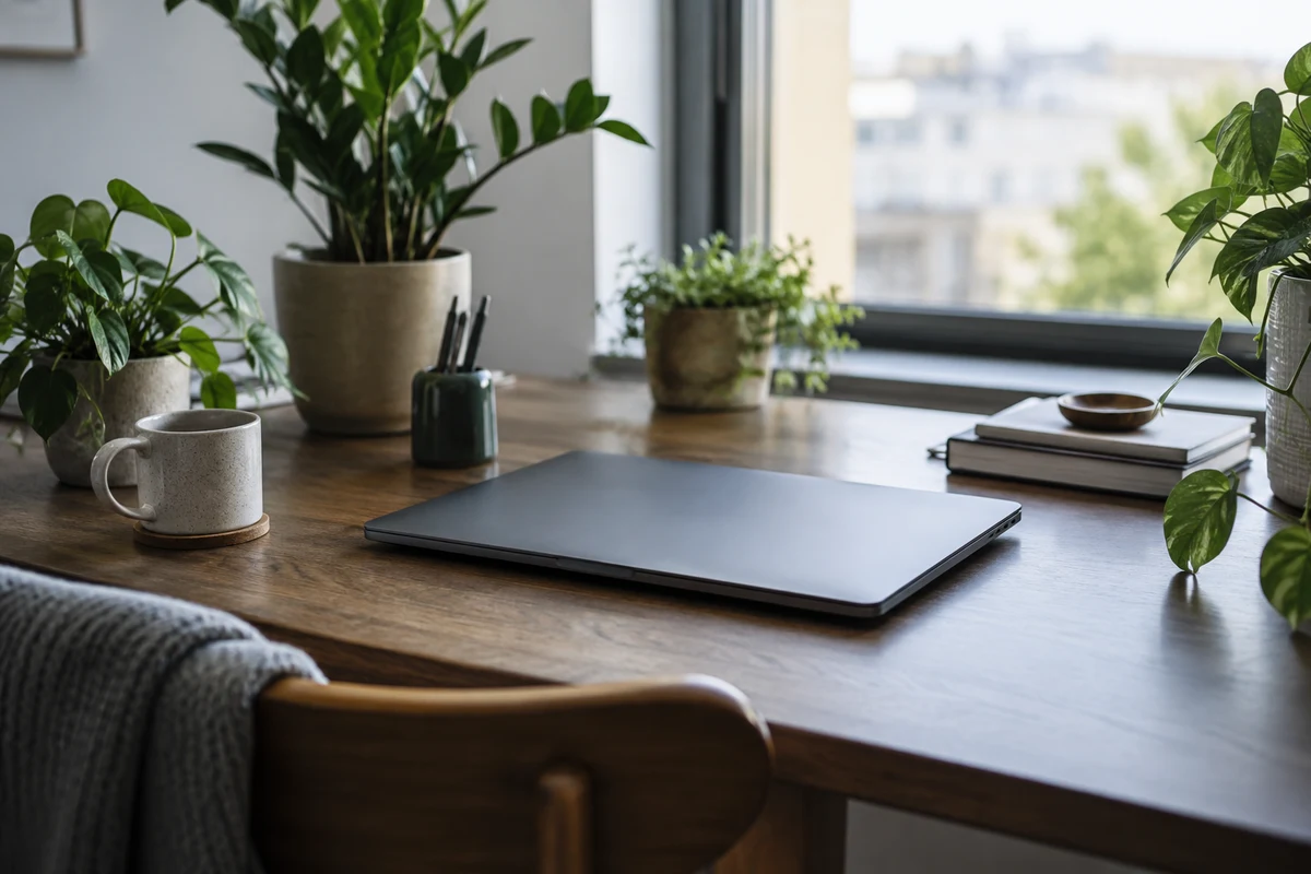 A closed laptop on a tidy desk beside a plant.