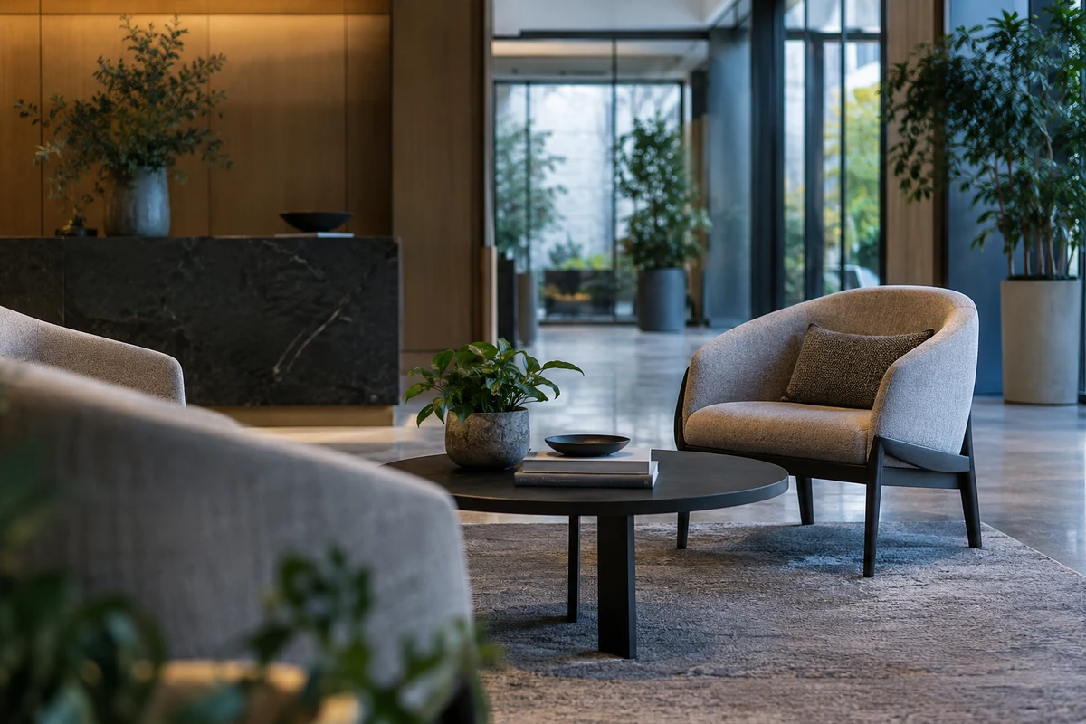 An empty seating area in an office lobby, with daylight through tall windows.