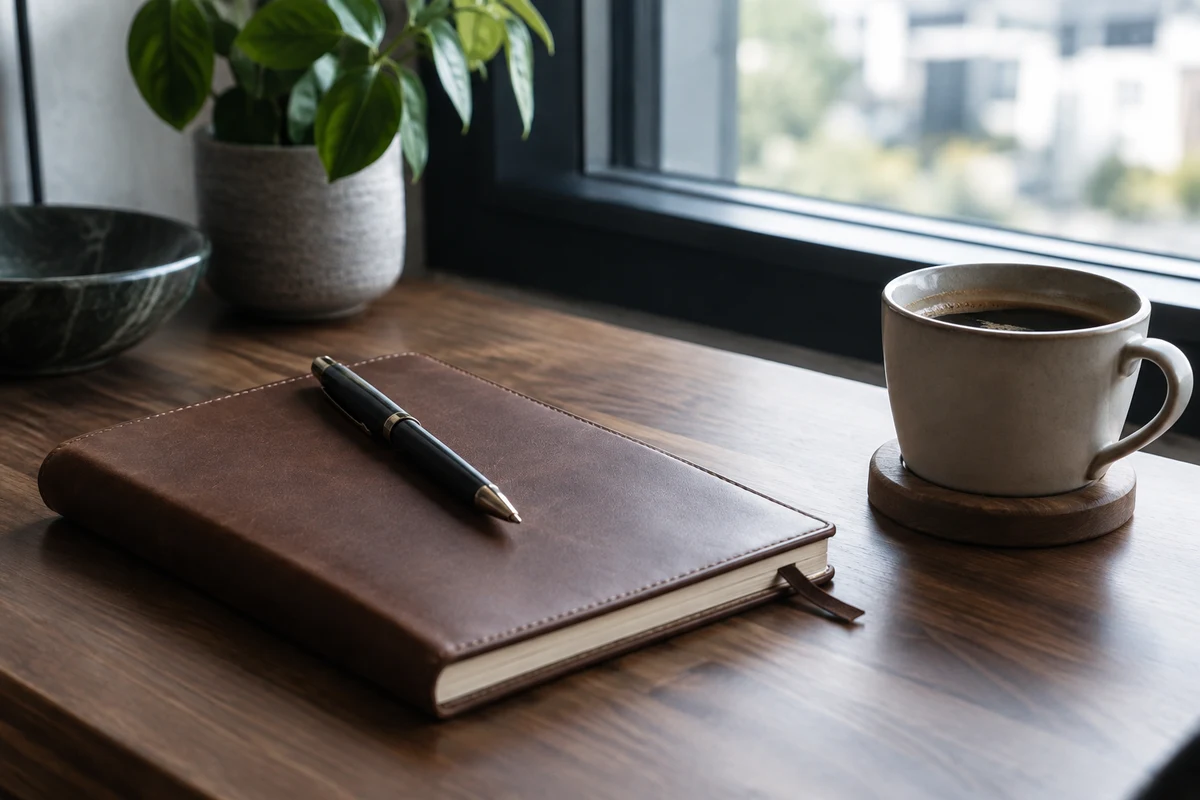 An open notebook, a pen, and a cup of coffee on a desk.