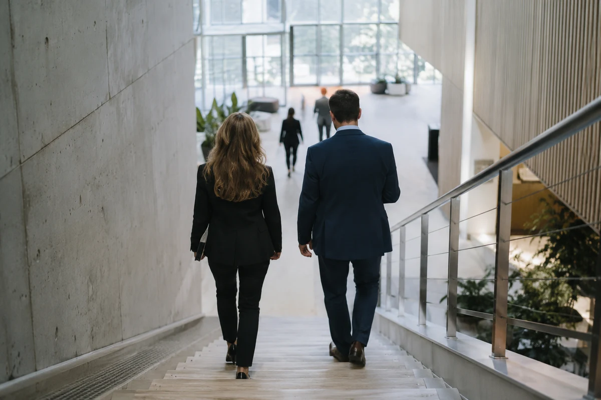 People walking down an office stairwell, seen from above.