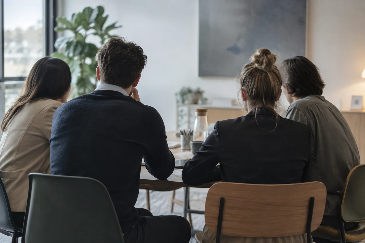A small meeting seen from the back of the room, people facing a table of papers.