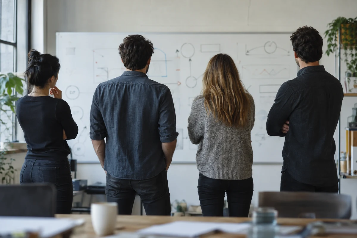 People at a whiteboard, seen from behind, mapping a process.