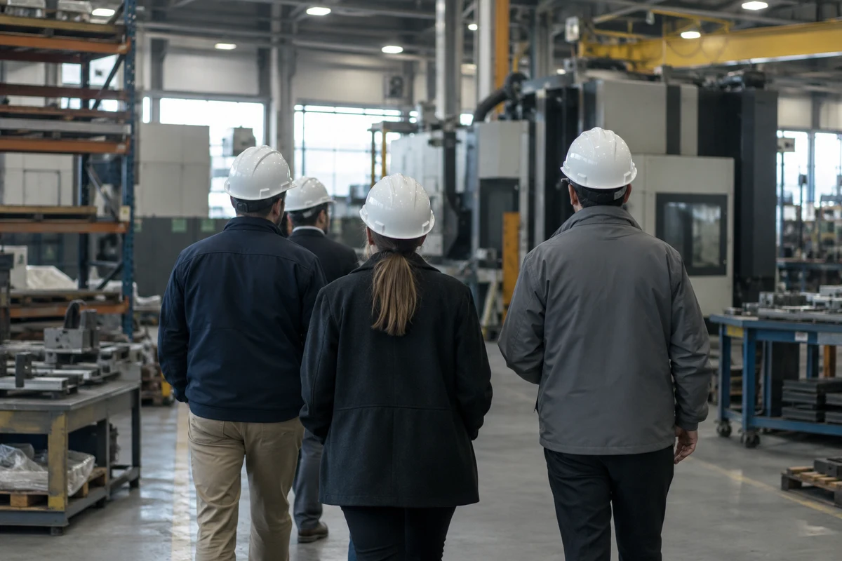 Two people in hard hats walking through a workshop, seen from behind.