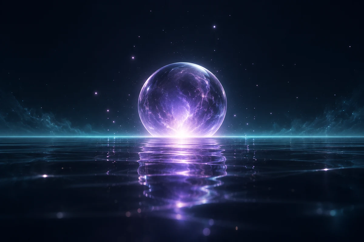 A dark glass horizon under a rising violet-glowing orb, with light particles drifting upward.