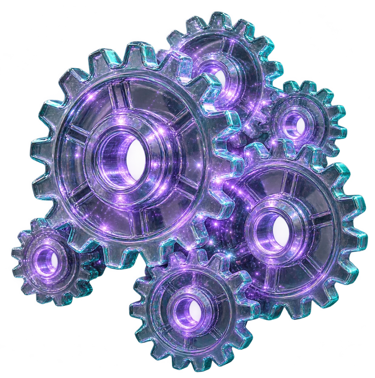 Interlocking translucent glass gears with soft violet inner glow and thin teal rim light.