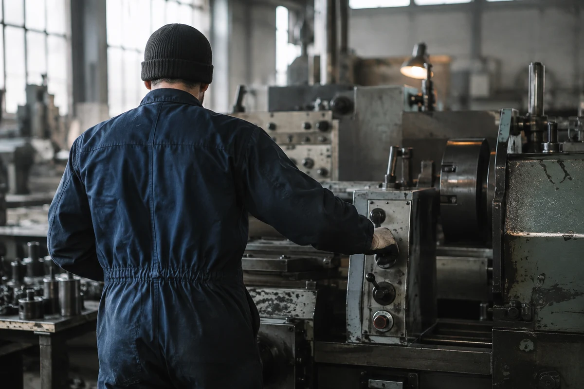 A machine operator working at an industrial machine, seen from behind.
