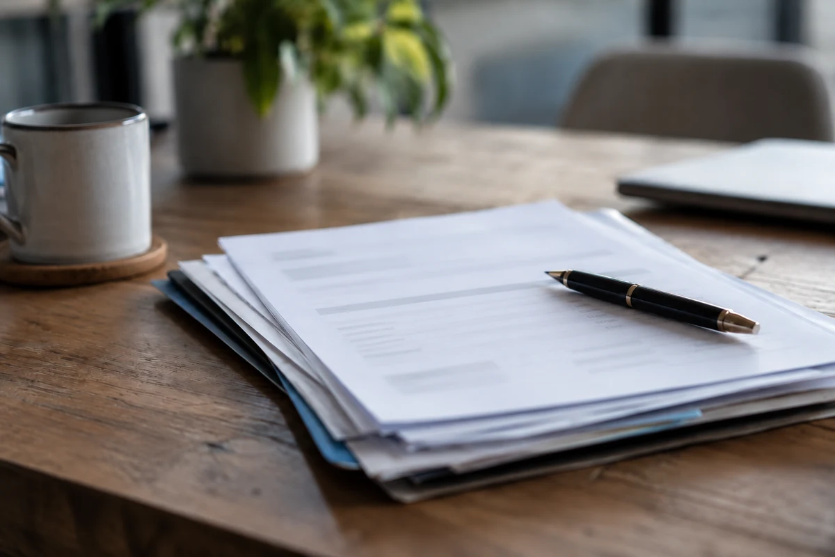 A stack of printed quotes on a site office desk.