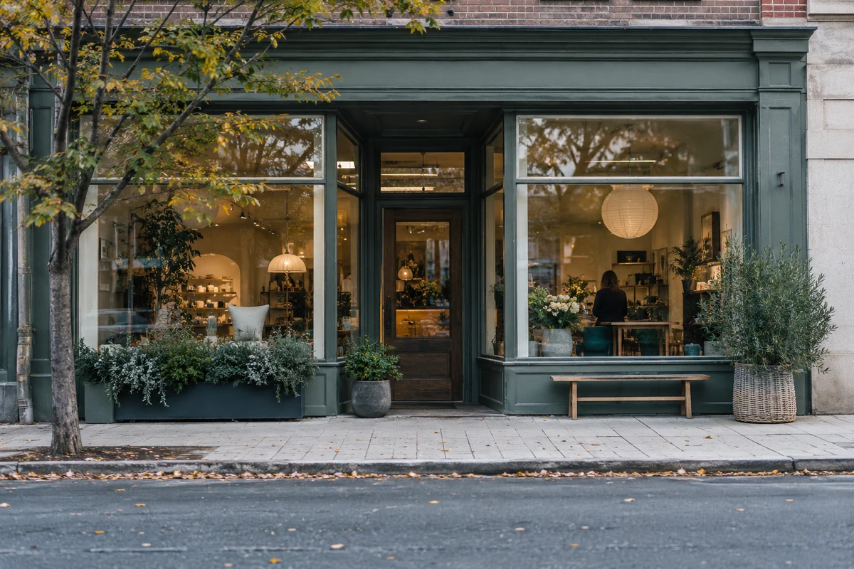 A shopfront window catching the light from the street.
