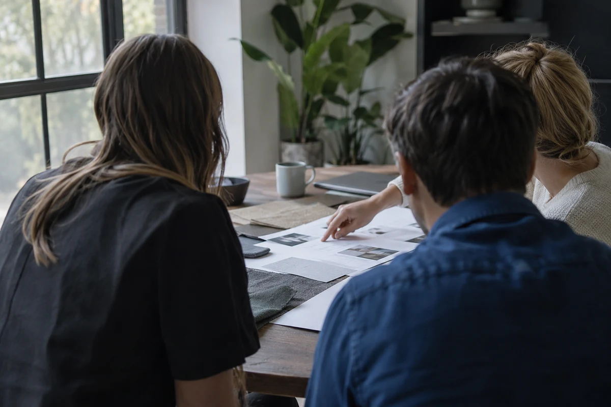 A small group at a table working through a printed guide.