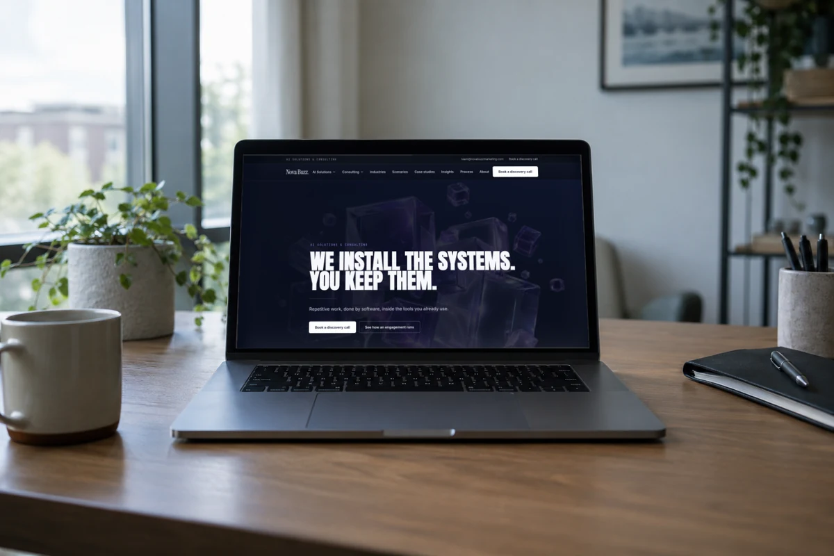 A laptop on a desk showing the Nova Buzz Marketing homepage.