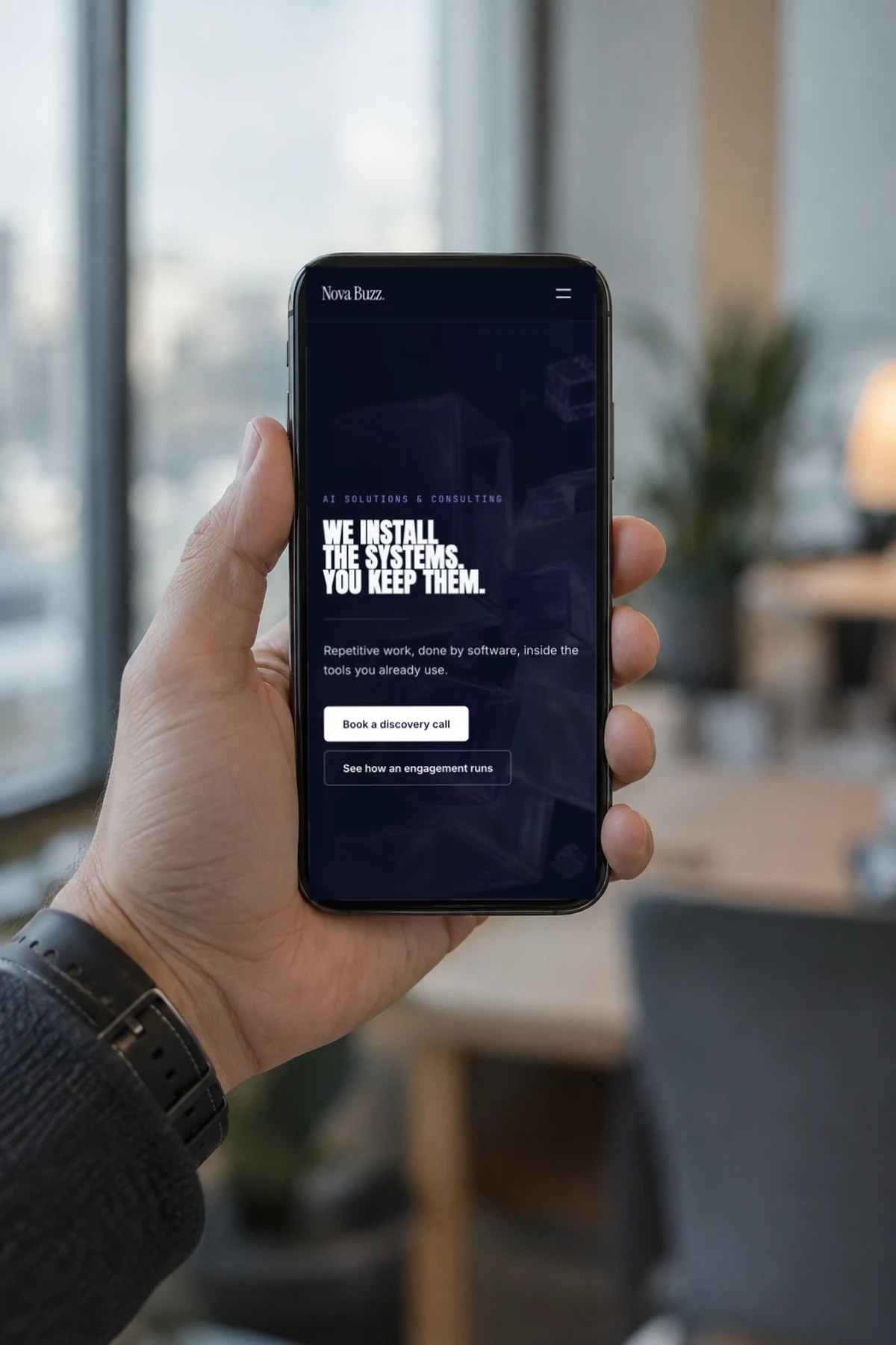 A phone held in one hand showing the Nova Buzz Marketing homepage.
