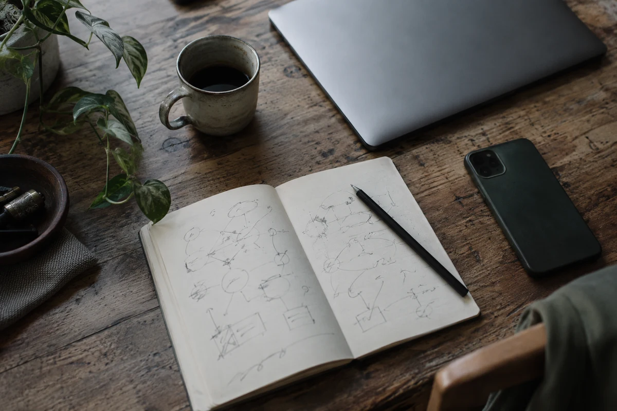 An open leather folder and fountain pen under a warm desk lamp.