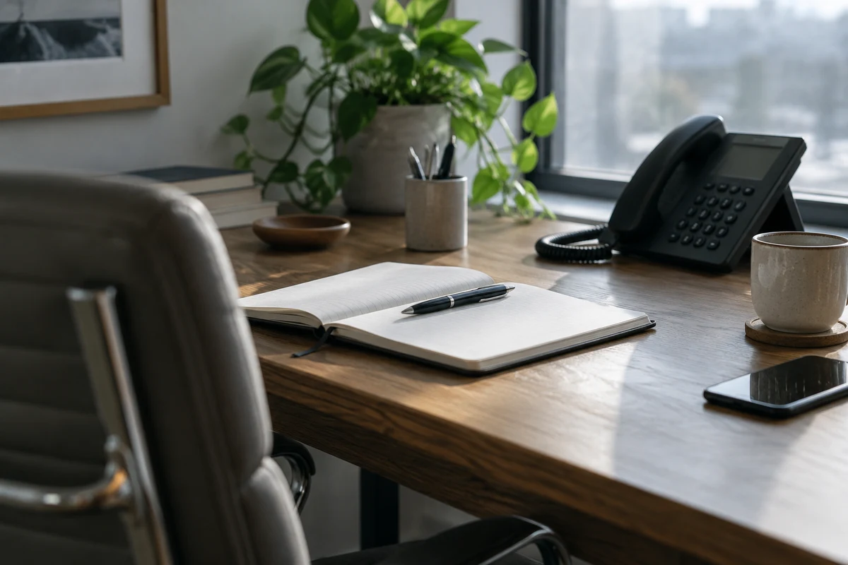 A desk set up for a call, with a notepad and a pen beside a laptop.