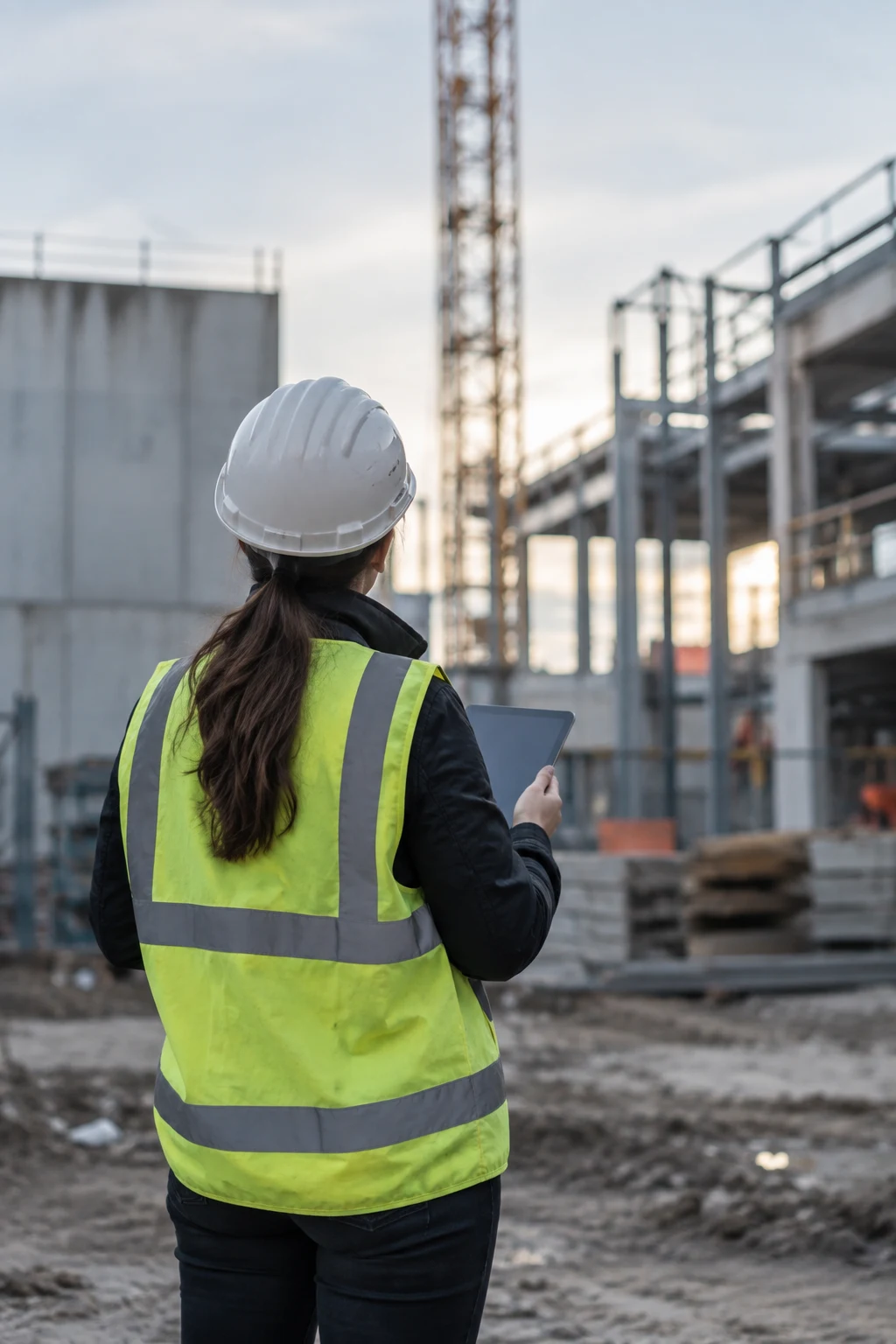 A person on site holding a tablet, seen from behind.