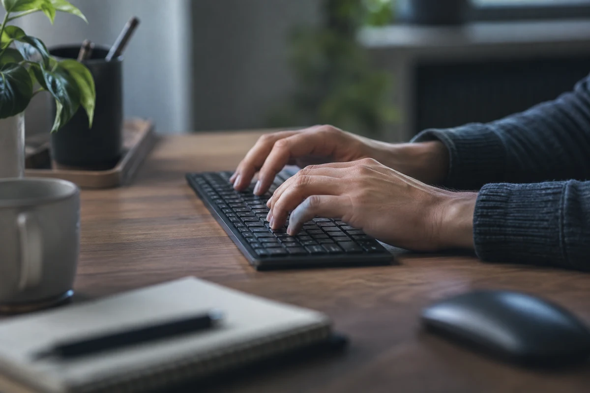 Hands at a keyboard on a working desk, lit from a window.
